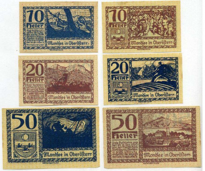 Австрия, Мондзе набор из 3 банкнот 10, 20, 50 геллеров 1920 31 декабря 1920, нотгельд, ярмарочная община в земле Верхняя Австрия   бумага  UNC (пресс) 7555-27-3-1