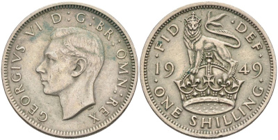 Великобритания 1 шиллинг 1949 Георг VI (1936-1952), Английский герб KM 876, Spink 4108 медно-никель 4116-832