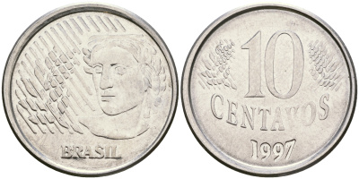 Бразилия 10 сентаво 1997 голова свободы KM 633 нержавеющая сталь 87-444