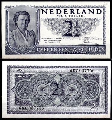 Нидерланды 2 1/2 гульдена 1945 Pick 73 бумага aUNC 7457-13-1-2