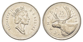 Канада 25 центов 1995 Елизавета II (1952-2022), олень KM 184 никель 4638-543