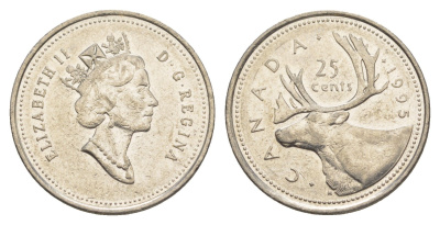 Канада 25 центов 1995 Елизавета II (1952-2022), олень KM 184 никель 4638-543