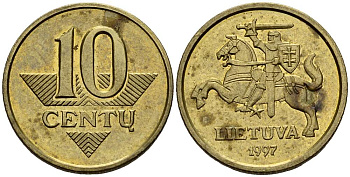 ЛИТВА 10 ЦЕНТОВ 1997 ПОГОНЯ KM 106 латунь 3955-1149