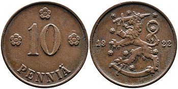 Финляндия 10 пенни 1922 республика (1918-1962) KM 24 медь 4388-857