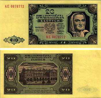 Польша 20 злотых 1948 женщина, торговые ряды в Кракове, 2 буквы в серии Pick 137 (2) бумага aUNC 00-00