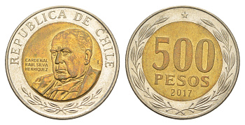 Чили 500 песо 2017 кардинал Рауль Сильва Энрикес (1907-1999) KM 235 биметалл UNC 4641-544