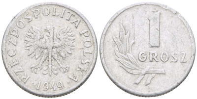 ПОЛЬША 1 ГРОШ 1949 KM 39, Parchimowicz 201 алюминий 45-435
