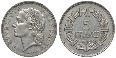 Франция 5 франков 1933 KM 888, Le Franc 336 никель 4123-243