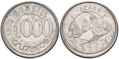 Бразилия 1000 крузейро 1993 реформа 1990-1993, рыбка Акара KM 626 нержавеющая сталь 26-653