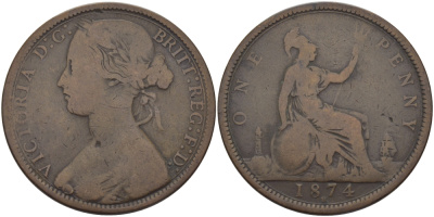 Великобритания 1 пенни 1874 Н, Виктория (1837-1901) KM 749.2, Spink 3955 бронза 97-921