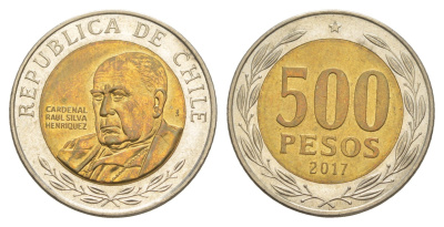 Чили 500 песо 2017 кардинал Рауль Сильва Энрикес (1907-1999) KM 235 биметалл UNC 4641-544