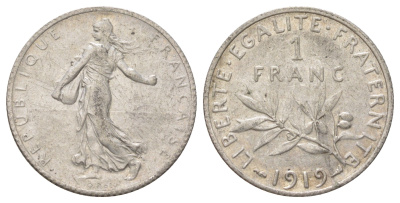 Франция 1 франк 1919 KM 844 серебро 4622-1123
