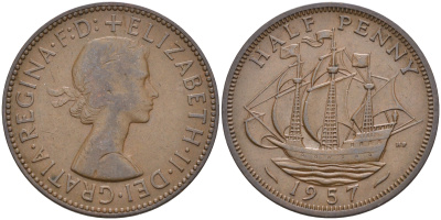 Великобритания 1/2 пенни 1957 Елизавета II (1952-2022) KM 896, Spink 4158 бронза 4592-412