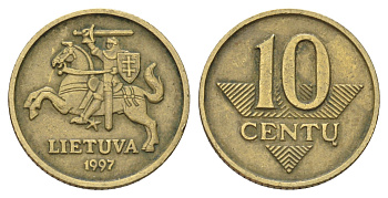 Литва 10 сантимов 1997 KM 106 никель латунь 4682-161