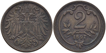 АВСТРИЯ 2 ГЕЛЛЕРА 1897 ФРАНЦ ИОСИФ (1846-1918) KM 2801 бронза 100-138