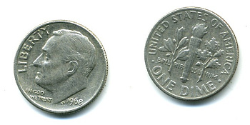 США 10 ЦЕНТОВ = 1 ДАЙМ 1968 РУЗВЕЛЬТ KM 195а медь плакированная медно-никелем 54-312