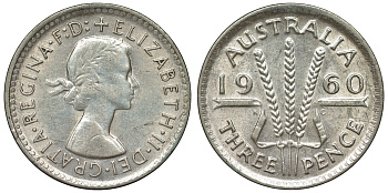 Австралия 3 пенса 1960 m, Елизавета II (1952-2022) KM 57 серебро 71-661
