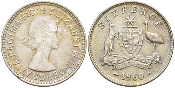АВСТРАЛИЯ 6 ПЕНСОВ 1960 m, ЕЛИЗАВЕТА II (1953-), ГЕРБ АВСТРАЛИИ, ПРОБА 500, ДИАМЕТР 28,5 ММ. KM 58 серебро 4516-131