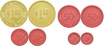 США, Северная Каролина 1, 10, 50 центов и 1 доллар 1930-1950 тюремные деньги, департамент тюрем пластик 1517-1531