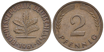 ФРГ 2 пфеннига 1961 J KM 106, J. 381 бронза 4609-333