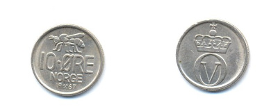 Норвегия 10 эре 1967 пчела, Улаф V (1958-1991) KM 411 медно-никель 4379-952