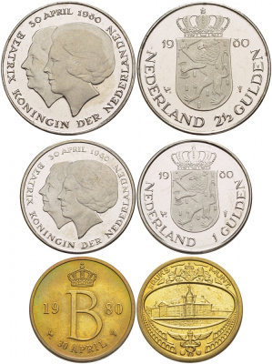 НИДЕРЛАНДЫ НАБОР ИЗ 2 МОНЕТ + ЖЕТОН МОНДВОРА 1980 30 АПРЕЛЯ 1980, коробка, сертификат медно-никель UNC 3-4-2-21