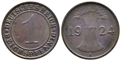 ГЕРМАНИЯ 1 РЕЙХСПФЕННИГ 1924 А KM 37, J.313 бронза 4380-1055