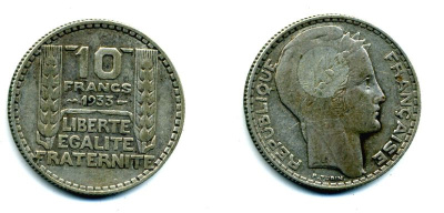 Франция 10 франков 1933 Пьер Тюрен KM 878, Le Franc 360.6 серебро 37-715