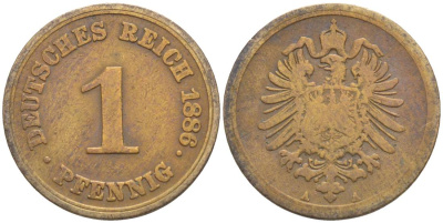 ГЕРМАНИЯ 1 ПФЕННИГ 1886 А, СТАРОГЕРБОВКА KM 1, Jager. 1, Weege 1 медь 4528-1064