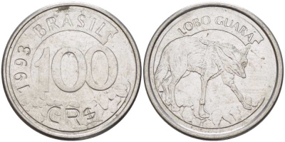 БРАЗИЛИЯ 100 КРУЗЕЙРО РЕАЛ 1993 РЕФОРМА 1993-1994, ВОЛК KM 630 нержавеющая сталь 4388-346