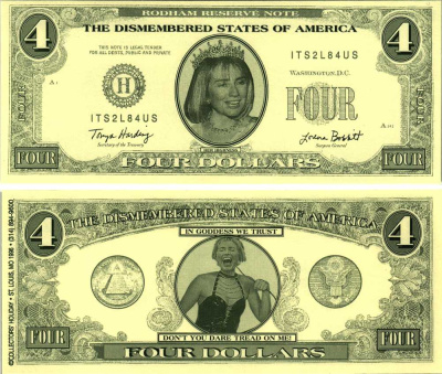 США 4 ДОЛЛАРА 1996 СУВЕНИРНАЯ БАНКНОТА, ХИЛЛАРИ КЛИНТОН В КОРОНЕ, НАДПИСЬ THE DISMEMBERED STATES OF AMERICA, ХИЛЛАРИ В САДО-МАЗО БЕЛЬЕ С РОЗГОЙ бумага UNC (ПРЕСС) 7198-33-3-1