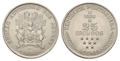 Португалия, Азорские острова 25 эскудо 1980 (1981) Автономная область Азорские острова KM 43 медно-никель UNC 4678-1052