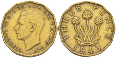 Великобритания 3 пенса 1943 Георг VI (1936-1952) KM 849, Spink 4112 никель латунь 4556-1053