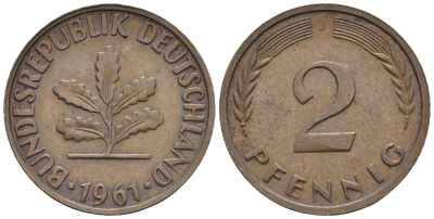 ФРГ 2 пфеннига 1961 J KM 106, J. 381 бронза 4609-333