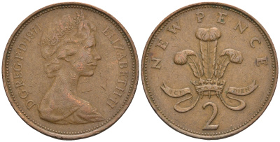 Великобритания 2 пенса 1971 Елизавета II (1952-2022) KM 916, Spink 4235 (C1) бронза 85-1114