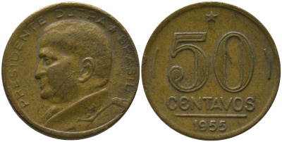 Бразилия 50 сентаво 1955 Эурику Дутра KM 563, Schon 68 алюминиевая бронза 4577-643