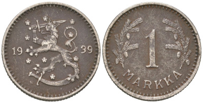 Финляндия 1 марка 1939 S KM 30 медно-никель 218-1143