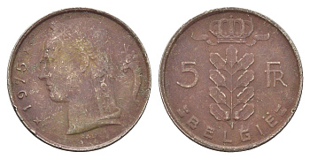 Бельгия 5 франков 1975 Belgie, Бодуэн I (1951-1993) KM 135 медно-никель 4704-1131