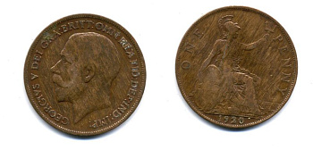 Великобритания 1 пенни 1920 Георг V (1910-1936) КМ 810, Spink 4051 бронза 47-345