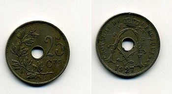 БЕЛЬГИЯ 25 САНТИМОВ 1927 BELGIQUE KM 68.1 медно-никель 37-1233