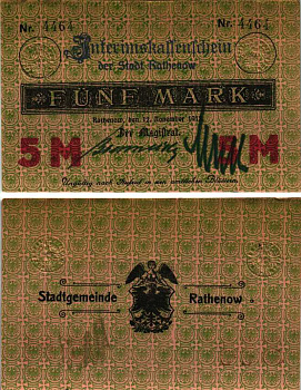 РАТЕНОВ 5 МАРОК 1918 НОТГЕЛЬД, 12 НОЯБРЯ 1918, ЗЕМЛЯ БРАНДЕНБУРГ, НОМЕР 4 ММ., ДВЕ РУКОПИСНЫЕ ПОДПИСИ Geiger 437.01a бумага 6318-39-2-1