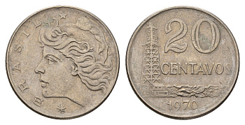 Бразилия 20 сентаво 1970 голова Свободы влево KM 579.2 медно-никель 3336-256