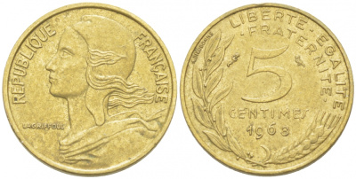 ФРАНЦИЯ 5 САНТИМОВ 1968 ТИП MARIANNE KM 933, LE FRANC 125.4 алюминиевая бронза 4516-833