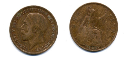 Великобритания 1 пенни 1920 Георг V (1910-1936) КМ 810, Spink 4051 бронза 47-345