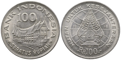 Индонезия 100 рупий 1978 хижина Минангкабау, легендарное дерево жизни KM 42 медно-никель UNC 177-932