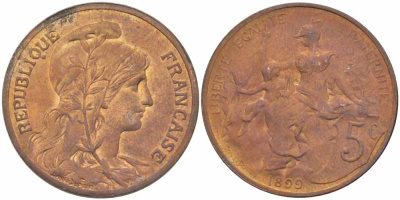 ФРАНЦИЯ 5 САНТИМОВ 1899 ТИП ДАНИЭЛЬ ДЮПЮИ KM 842, LE FRANC 119.7 бронза 108-816