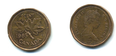 Канада 1 цент 1985 Елизавета II (1952-2022), кленовый лист KM 132 бронза 4364-721