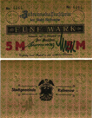 РАТЕНОВ 5 МАРОК 1918 НОТГЕЛЬД, 12 НОЯБРЯ 1918, ЗЕМЛЯ БРАНДЕНБУРГ, НОМЕР 4 ММ., ДВЕ РУКОПИСНЫЕ ПОДПИСИ Geiger 437.01a бумага 6318-39-2-1