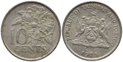 Тринидад и Тобаго 10 центов 1978 цветок гибискуса KM 31 медно-никель 4396-868