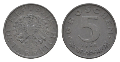 Австрия 5 грошей 1963 KM 2875 цинк 4632-641